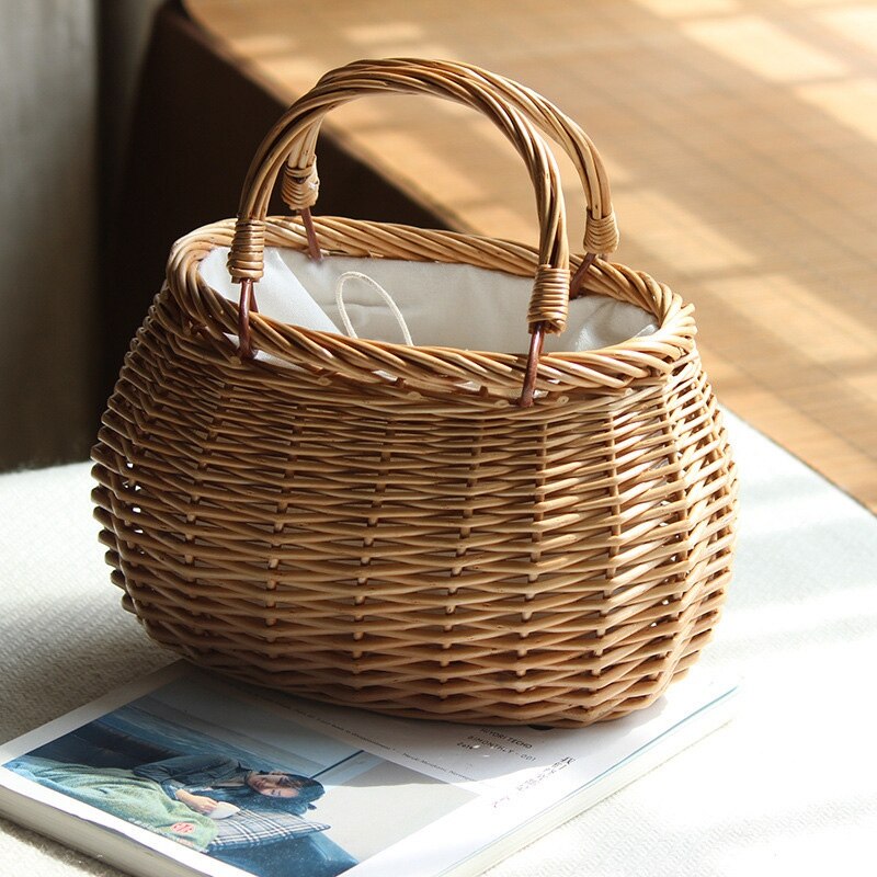 Ribbons Bow Tie Top-Handle Wicker Bags String Rural Natural Casual Handmade Woven Rattan Bags Round Bow - ebowsos