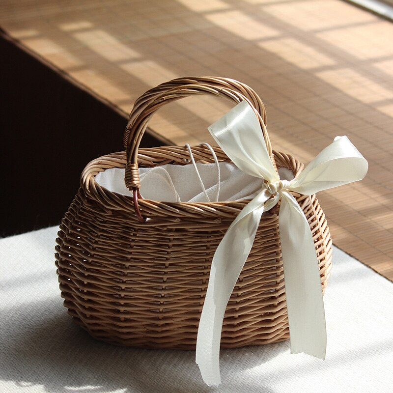 Ribbons Bow Tie Top-Handle Wicker Bags String Rural Natural Casual Handmade Woven Rattan Bags Round Bow - ebowsos