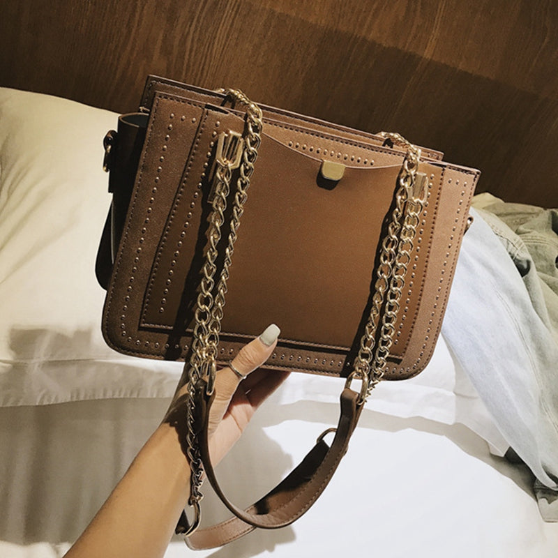 Rivet Handbag Women'S Bag Metal Chain Tote Bag Casual Pu Leather Crossbody Bag - ebowsos