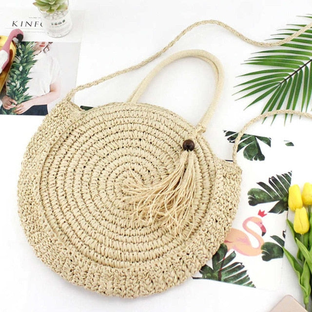 Round Fringed Straw Bag Shoulder Versatile Casual Handbags Paper Rope Woven Bag Beach Bag - ebowsos