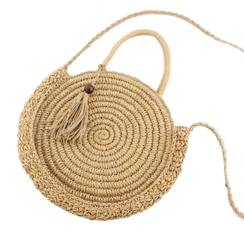 Round Fringed Straw Bag Shoulder Versatile Casual Handbags Paper Rope Woven Bag Beach Bag - ebowsos