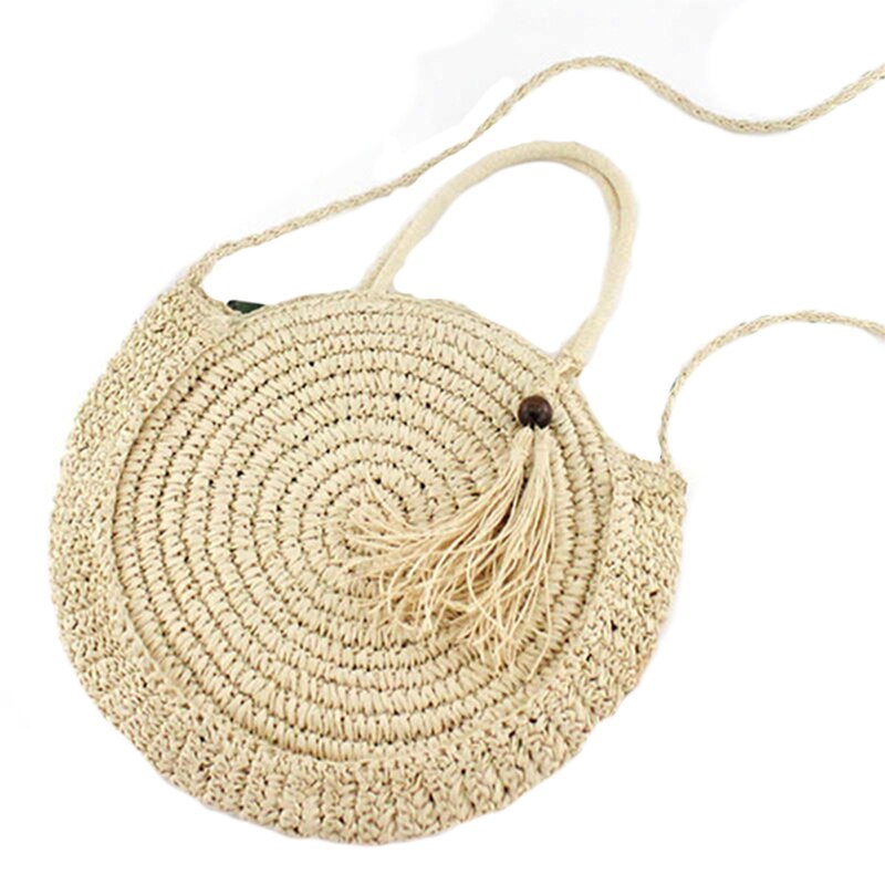 Round Fringed Straw Bag Shoulder Versatile Casual Handbags Paper Rope Woven Bag Beach Bag - ebowsos