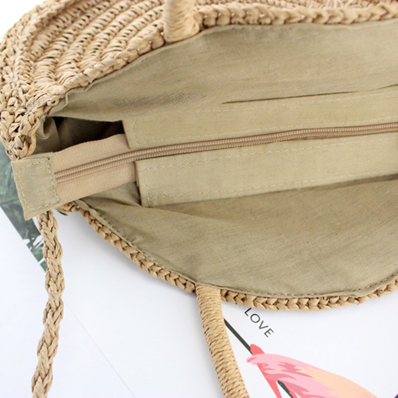 Round Fringed Straw Bag Shoulder Versatile Casual Handbags Paper Rope Woven Bag Beach Bag - ebowsos