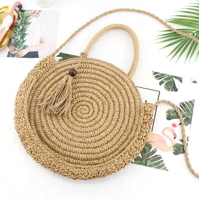 Round Fringed Straw Bag Shoulder Versatile Casual Handbags Paper Rope Woven Bag Beach Bag - ebowsos