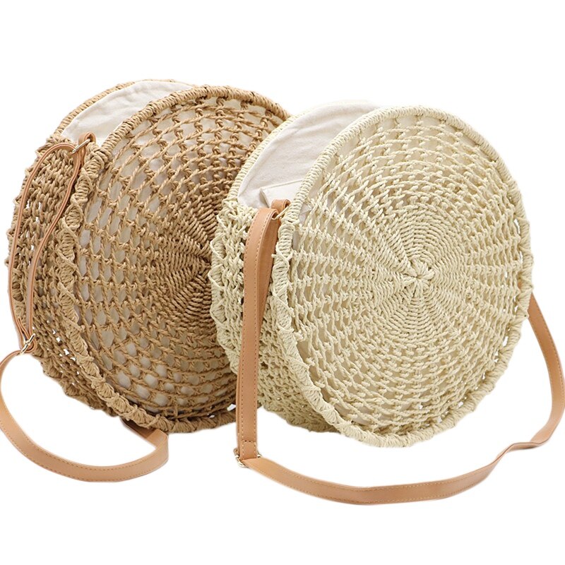 Round Handwoven Straw Bag Openwork Hand-Woven Bag Shoulder Messenger Beach Travel Bags Bohemian Style Summer Women Bags - ebowsos