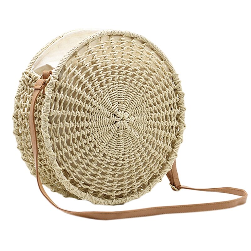 Round Handwoven Straw Bag Openwork Hand-Woven Bag Shoulder Messenger Beach Travel Bags Bohemian Style Summer Women Bags - ebowsos