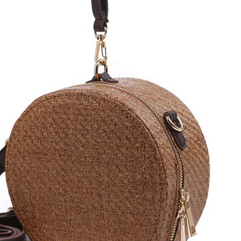 Round Rattan Bag Woven Straw Purse Circle Handmade Wicker Basket Bag - ebowsos