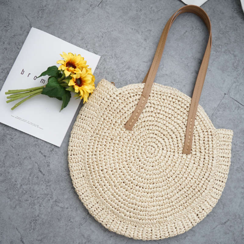 Round Straw Beach Bag Vintage Handmade Woven Shoulder Bag Raffia Circle Rattan Bags Bohemian Summer Vacation Casual Bags - ebowsos