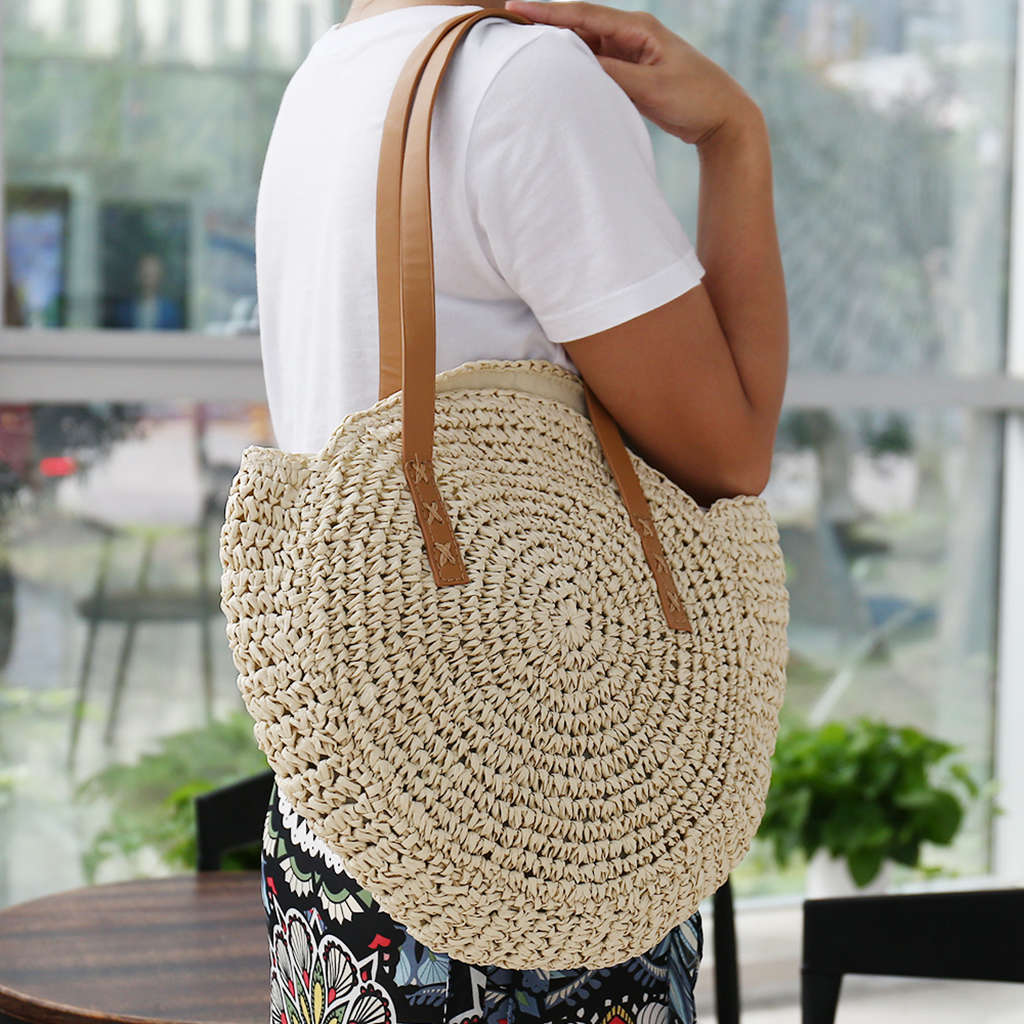 Round Straw Beach Bag Vintage Handmade Woven Shoulder Bag Raffia Circle Rattan Bags Bohemian Summer Vacation Casual Bags - ebowsos