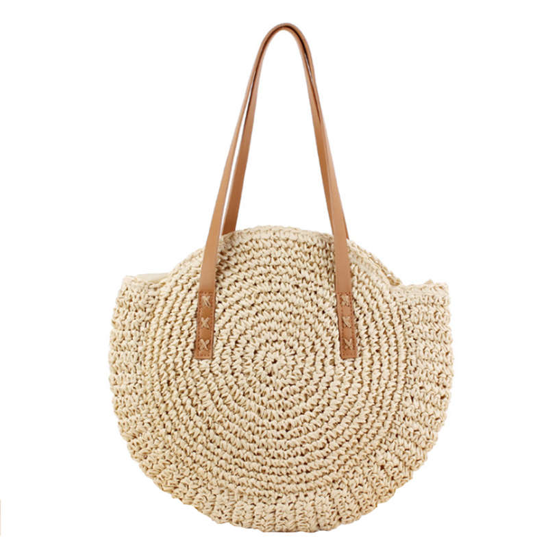 Round Straw Beach Bag Vintage Handmade Woven Shoulder Bag Raffia Circle Rattan Bags Bohemian Summer Vacation Casual Bags - ebowsos