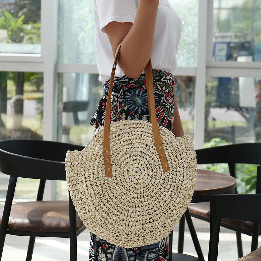 Round Straw Beach Bag Vintage Handmade Woven Shoulder Bag Raffia Circle Rattan Bags Bohemian Summer Vacation Casual Bags - ebowsos