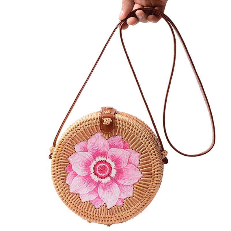 Round Women Rattan Bag Handmade Petal Rattan Shoulder Beach Bag Crossbody Bag Sunflower, Flower Style - ebowsos