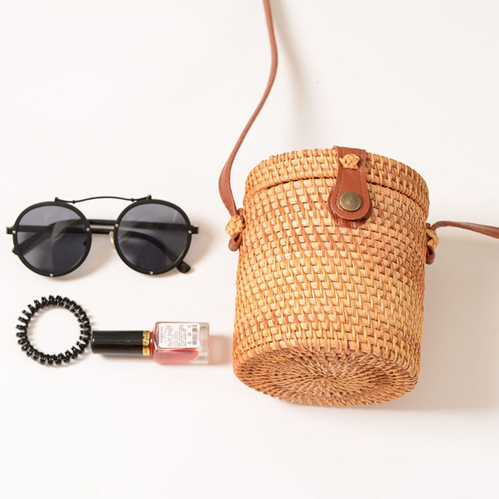 Round Woven Bag,Hand Woven Rattan Bag With Leather Strap Braided Women Crossbody Bag Chic Retro Summer Beach Shoulder Bag - ebowsos