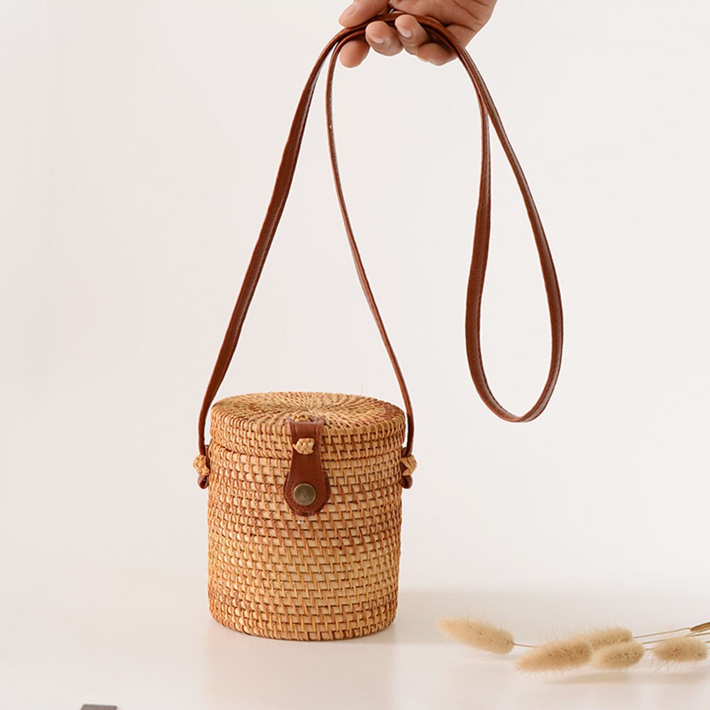 Round Woven Bag,Hand Woven Rattan Bag With Leather Strap Braided Women Crossbody Bag Chic Retro Summer Beach Shoulder Bag - ebowsos