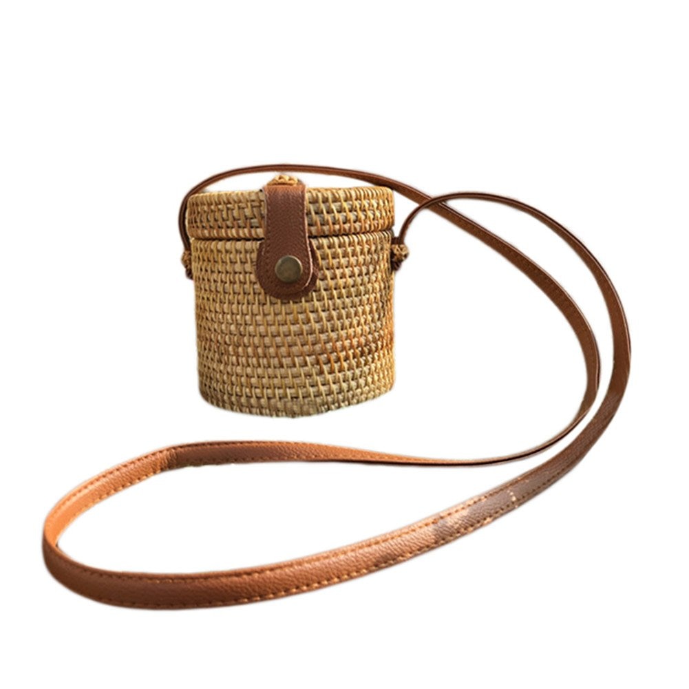 Round Woven Bag,Hand Woven Rattan Bag With Leather Strap Braided Women Crossbody Bag Chic Retro Summer Beach Shoulder Bag - ebowsos