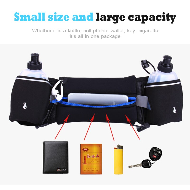 Running Belt,Zipper Pockets Water Resistant Waist Bag,with Water Bottle (2 Bottles Included) Waist Pack for Running Hikin - ebowsos