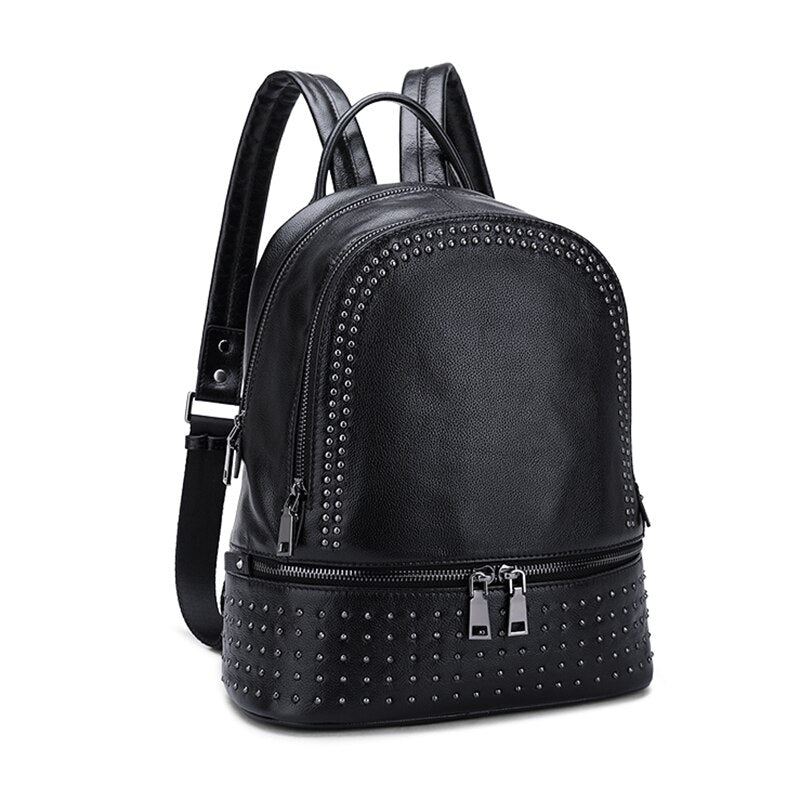 SENDEFN Genuine Leather Backpack Large Capacity Rivet Shoulder Bag Women Casual Backpack Teenage Girls School Travel Bags - ebowsos