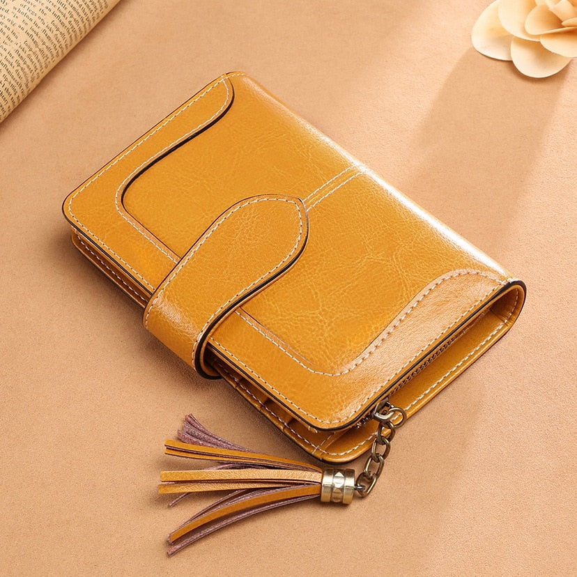 SENDEFN New Wallet Female Small Purse PU Short Wallet Women Zipper Pocket Tassel Two Fold Coin Mini Purse - ebowsos