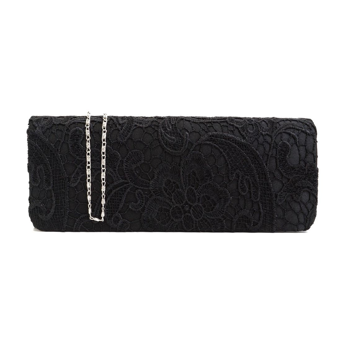 Satin Floral Lace Designer Clutch Bag Evening Purse Ladies Party Wedding Women, Black - ebowsos