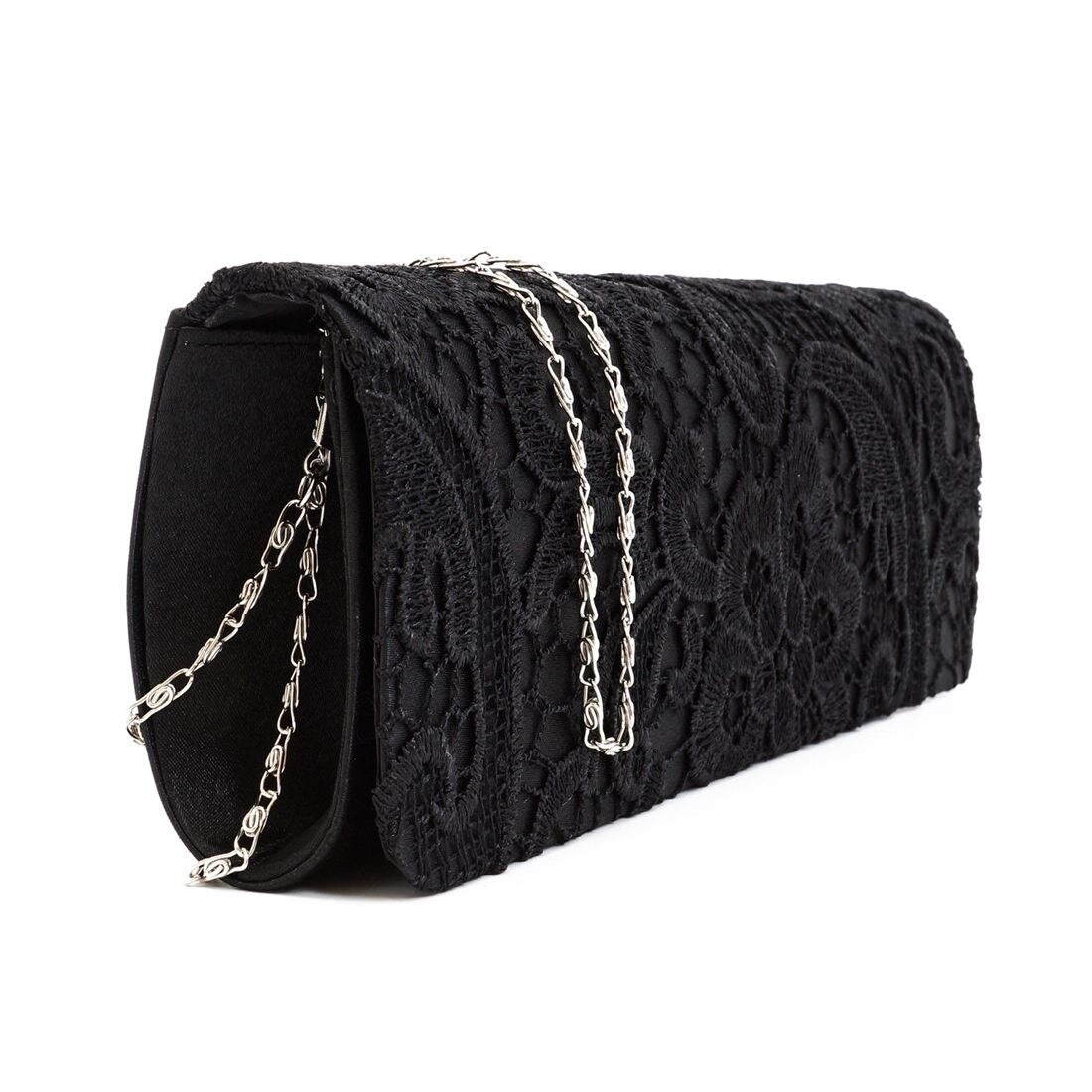 Satin Floral Lace Designer Clutch Bag Evening Purse Ladies Party Wedding Women, Black - ebowsos