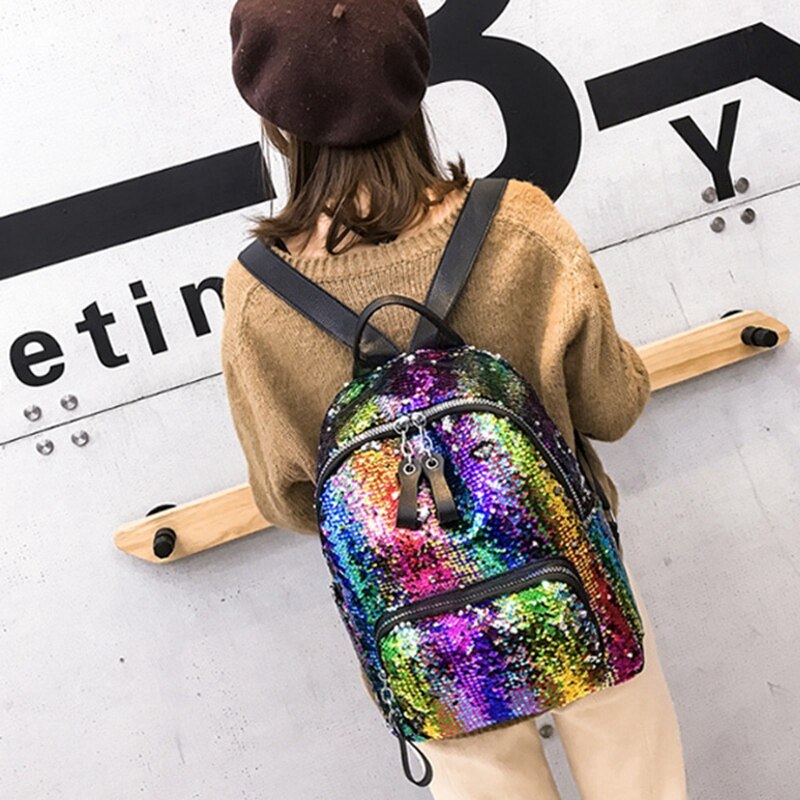 Sequins Bling Teen Small Backpack Girl Travel Shoulder Bag Female Sequins Contrast Color School Backpack For Student Bag - ebowsos