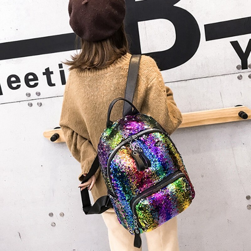 Sequins Bling Teen Small Backpack Girl Travel Shoulder Bag Female Sequins Contrast Color School Backpack For Student Bag - ebowsos