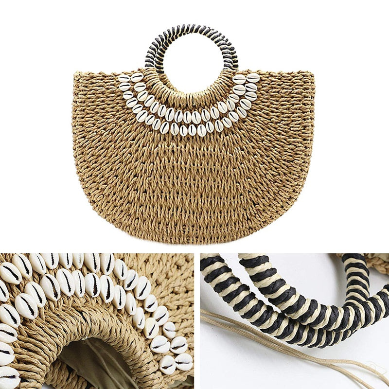 Shell Moon Bag Straw Bag Women'S Straw Bag Handmade Woven Basket Wicker Summer Grass Bags Drawstring Of Totes - ebowsos