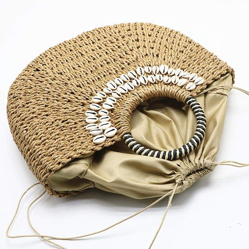 Shell Moon Bag Straw Bag Women'S Straw Bag Handmade Woven Basket Wicker Summer Grass Bags Drawstring Of Totes - ebowsos