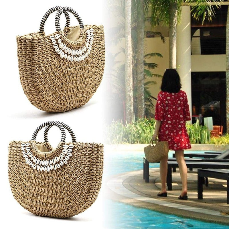 Shell Moon Bag Straw Bag Women'S Straw Bag Handmade Woven Basket Wicker Summer Grass Bags Drawstring Of Totes - ebowsos