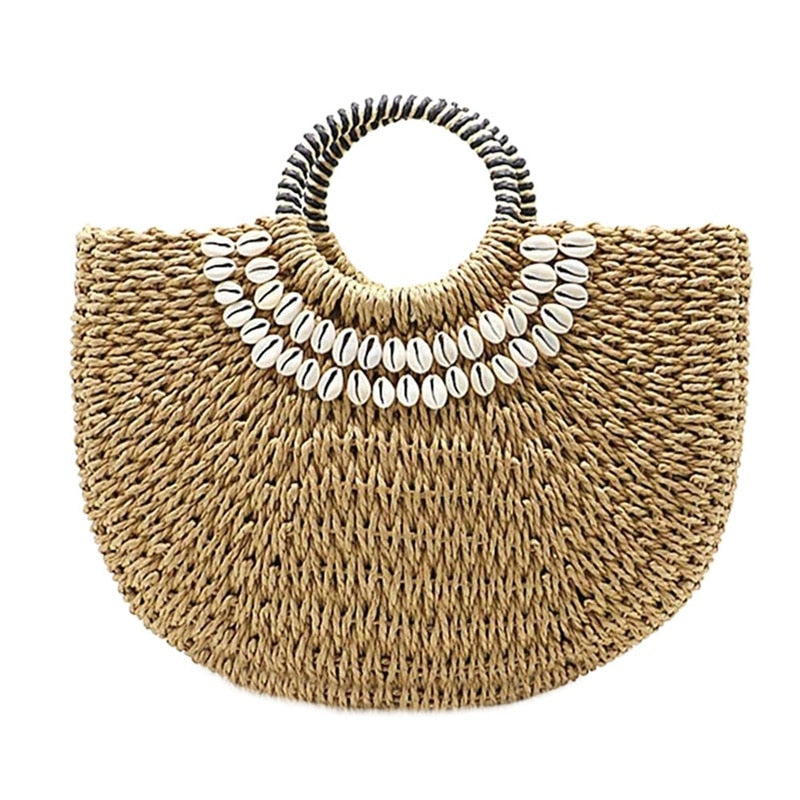 Shell Moon Bag Straw Bag Women'S Straw Bag Handmade Woven Basket Wicker Summer Grass Bags Drawstring Of Totes - ebowsos