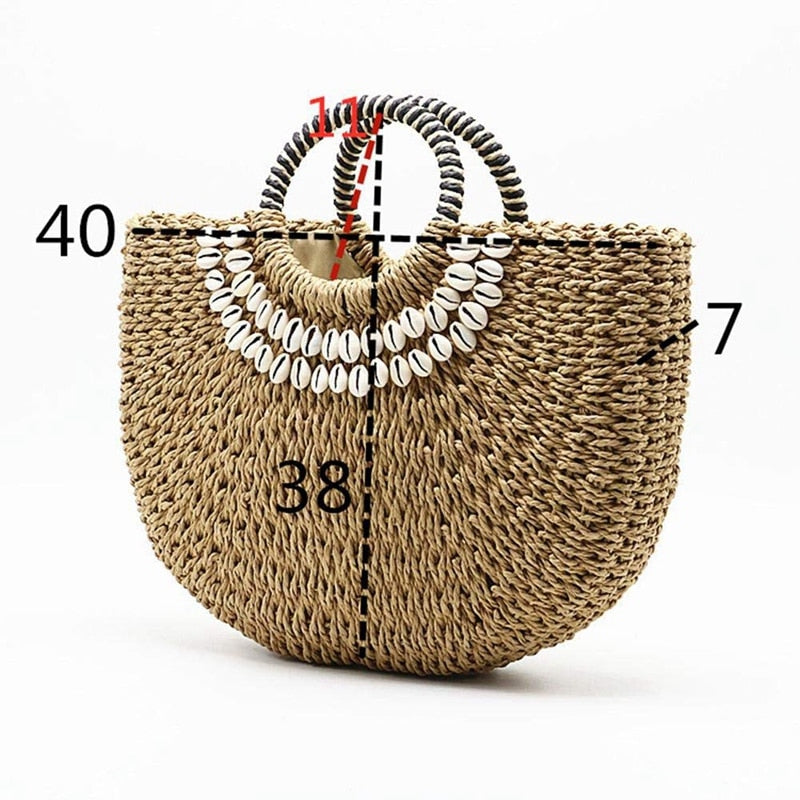 Shell Moon Bag Straw Bag Women'S Straw Bag Handmade Woven Basket Wicker Summer Grass Bags Drawstring Of Totes - ebowsos