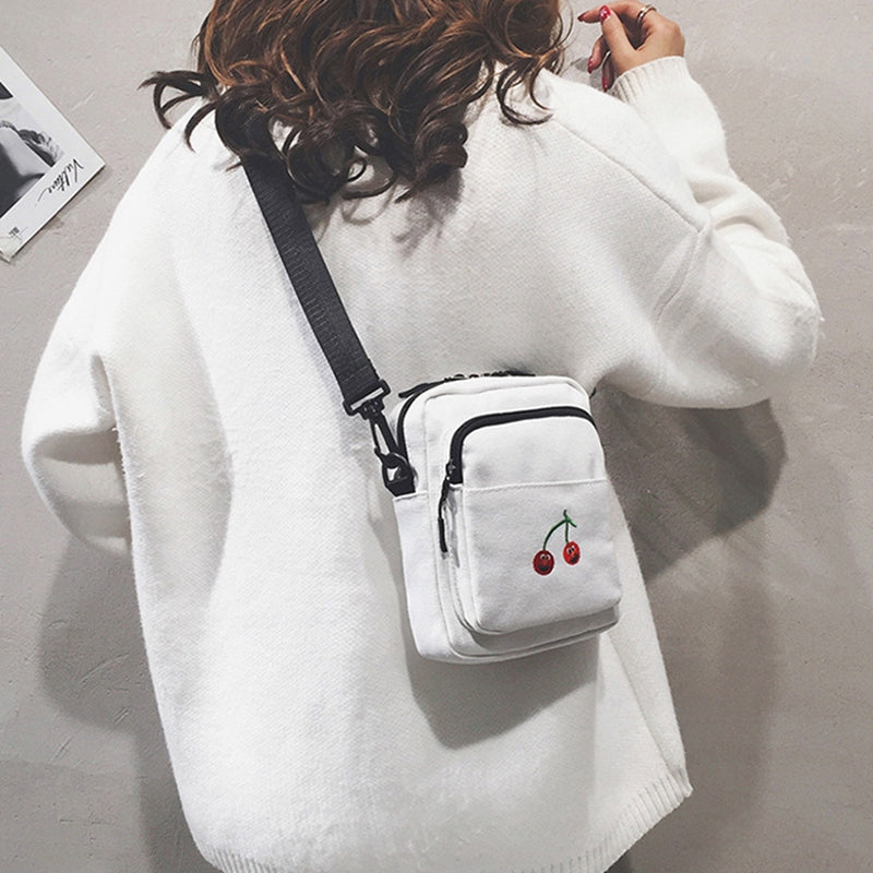 Simple Bag Fashion Girl Cartoon Mini Cherry Print Cute Messenger Bag Female Bevel Funny Sweet Girl Canvas - ebowsos