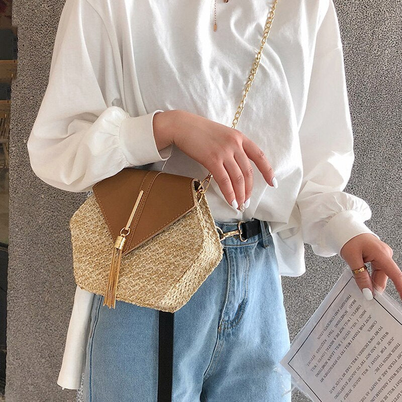 Simple Hexagonal Chain Weaving Straw Bag Ladies Shoulder Bag Tassel Bag Messenger Bag - ebowsos