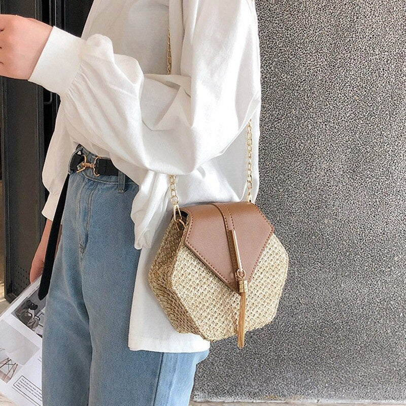 Simple Hexagonal Chain Weaving Straw Bag Ladies Shoulder Bag Tassel Bag Messenger Bag - ebowsos