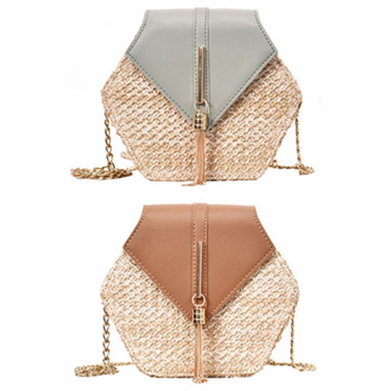 Simple Hexagonal Chain Weaving Straw Bag Ladies Shoulder Bag Tassel Bag Messenger Bag - ebowsos