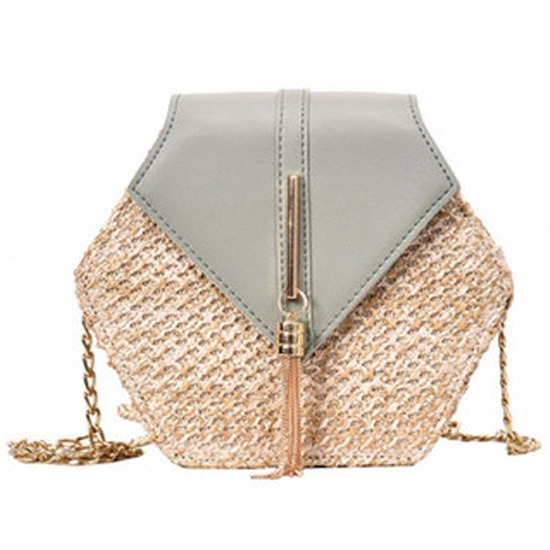 Simple Hexagonal Chain Weaving Straw Bag Ladies Shoulder Bag Tassel Bag Messenger Bag - ebowsos