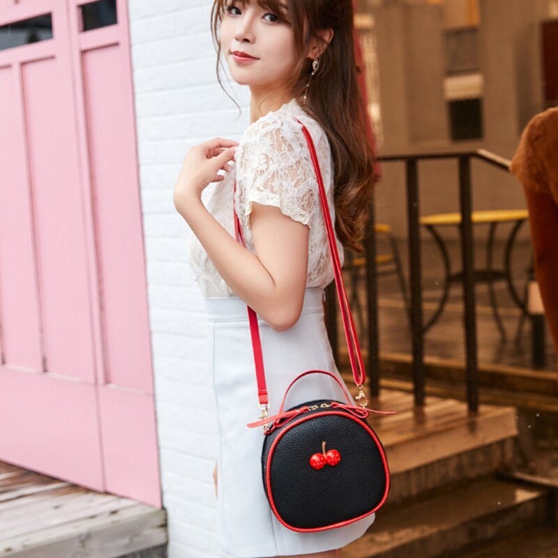 Simple Women Girls Pu Shoulder Bag School Bags Female Travel Casual Zipper Student Cute Cherry Satchel Bolsa - ebowsos