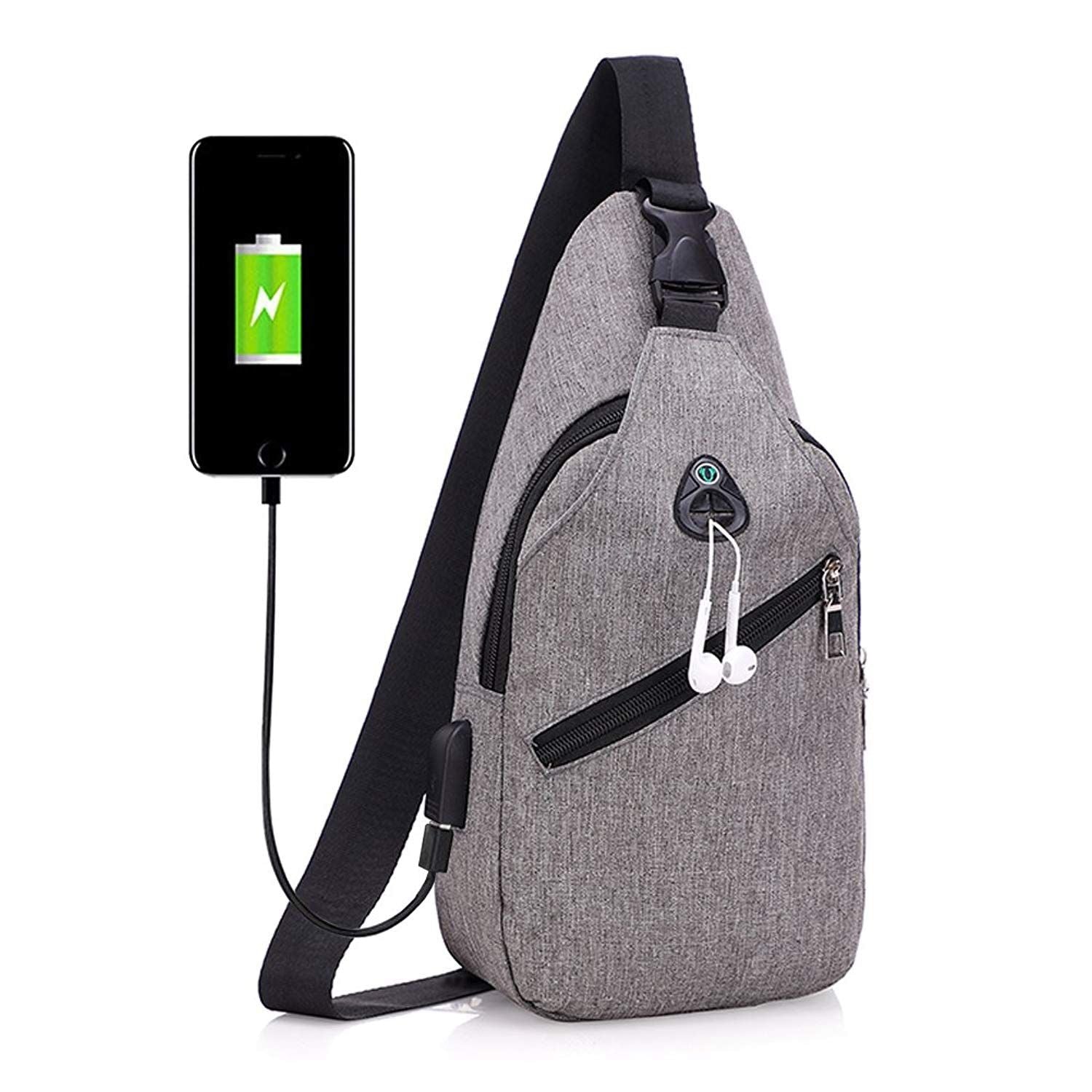 Sling Bag with USB Charging Port & Headphone Hole Smart Crossbody Bag College School Chest Casual Daypack Travel Shoulder - ebowsos