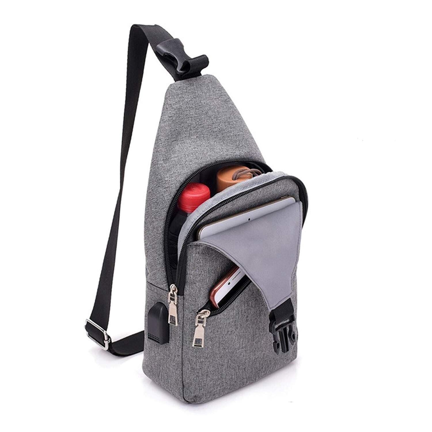 Sling Bag with USB Charging Port & Headphone Hole Smart Crossbody Bag College School Chest Casual Daypack Travel Shoulder - ebowsos