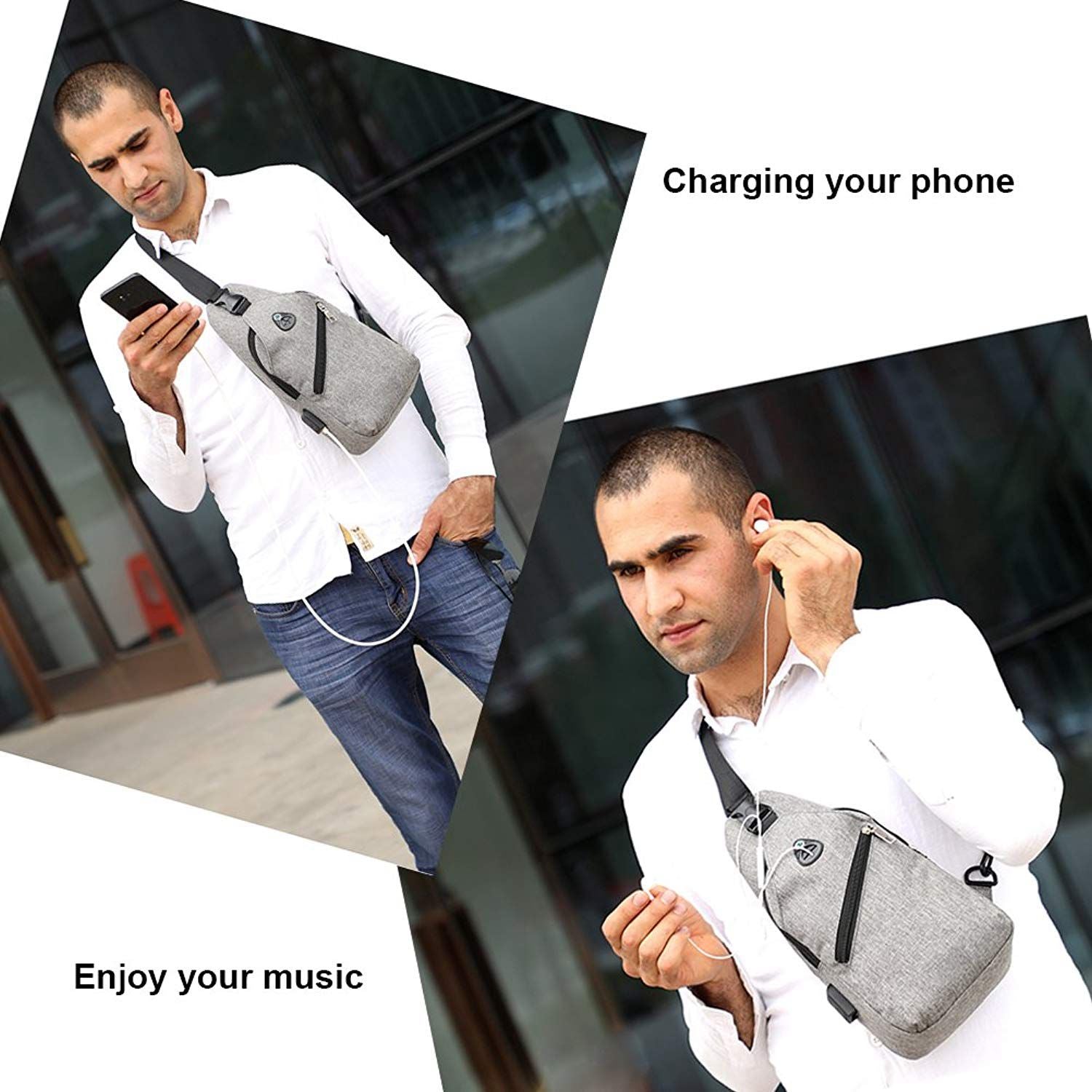 Sling Bag with USB Charging Port & Headphone Hole Smart Crossbody Bag College School Chest Casual Daypack Travel Shoulder - ebowsos