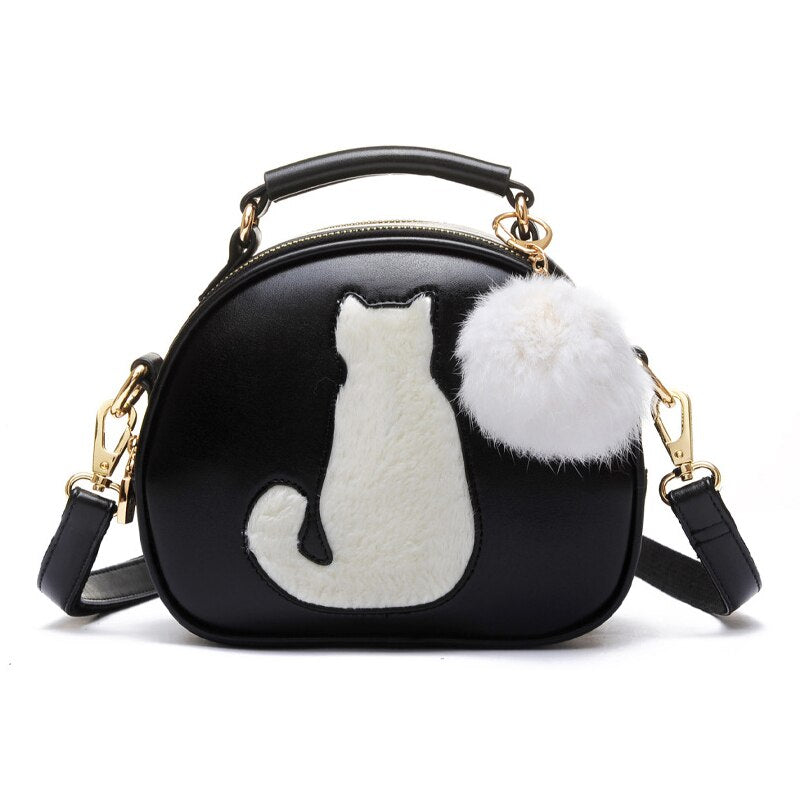 Small Cat Printing Of Lord Crossbody Bag Circle Bag Leather Handbags Women with Fur Ball Women red - ebowsos