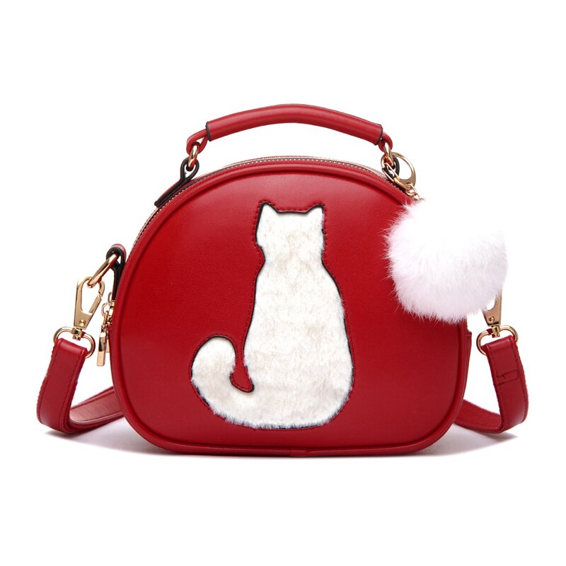 Small Cat Printing Of Lord Crossbody Bag Circle Bag Leather Handbags Women with Fur Ball Women red - ebowsos