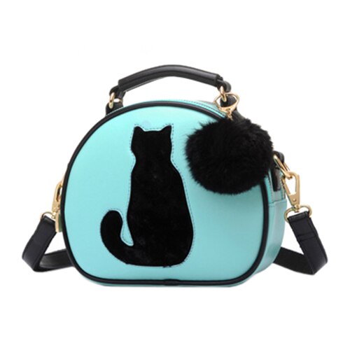 Small Cat Printing Of Lord Crossbody Bag Circle Bag Leather Handbags Women with Fur Ball Women red - ebowsos