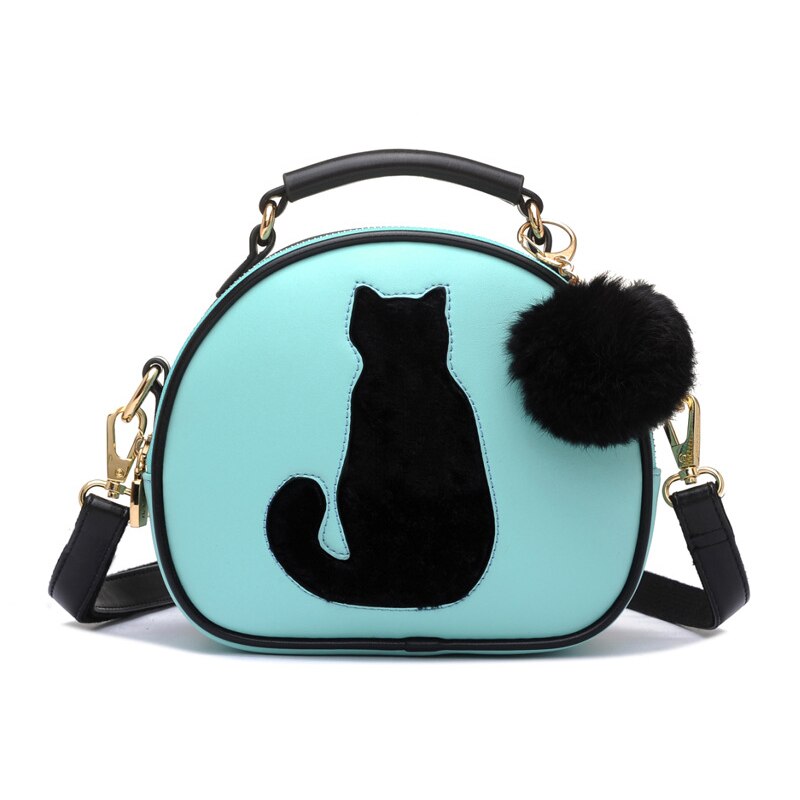 Small Cat Printing Of Lord Crossbody Bag Circle Bag Leather Handbags Women with Fur Ball Women red - ebowsos