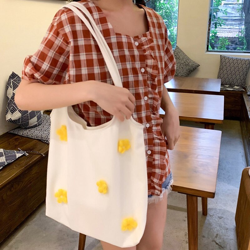 Small Fresh 3D Daisies Flowers Canvas Bag Women 2019 Fashion Large Capacity Single Shoulder Bag Student Daily Pack Shoppi - ebowsos