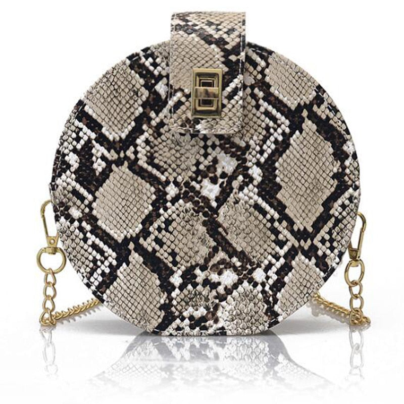 Snake-Skin Print Small Round Bag Casual Fashion Single-Shoulder Chain Diagonal Cross Bag - ebowsos