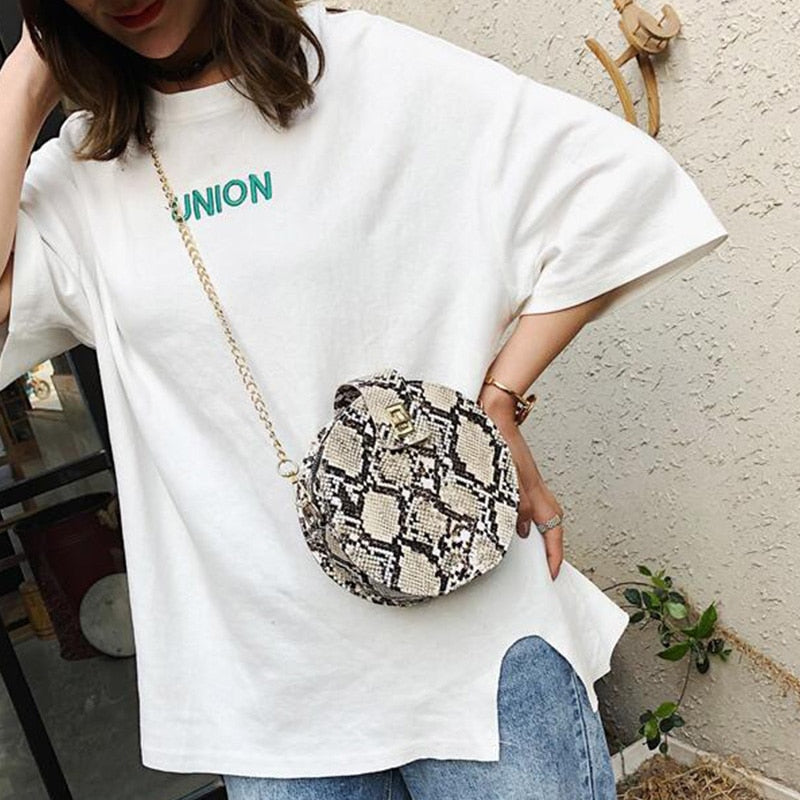 Snake-Skin Print Small Round Bag Casual Fashion Single-Shoulder Chain Diagonal Cross Bag - ebowsos