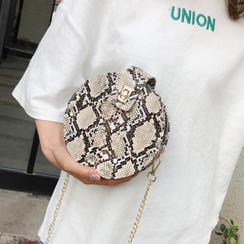 Snake-Skin Print Small Round Bag Casual Fashion Single-Shoulder Chain Diagonal Cross Bag - ebowsos