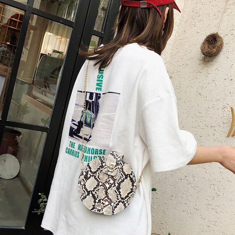 Snake-Skin Print Small Round Bag Casual Fashion Single-Shoulder Chain Diagonal Cross Bag - ebowsos