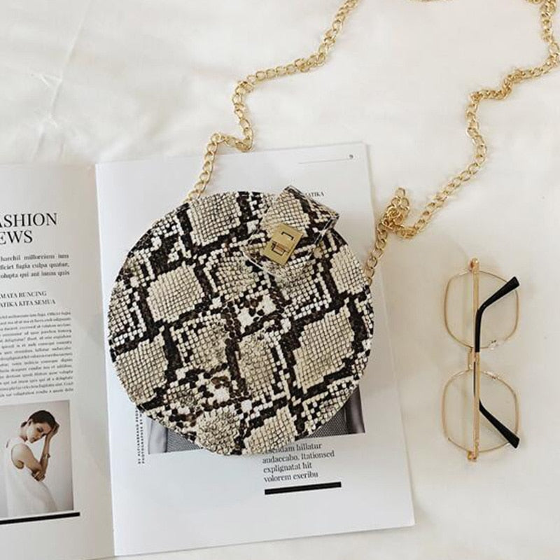 Snake-Skin Print Small Round Bag Casual Fashion Single-Shoulder Chain Diagonal Cross Bag - ebowsos